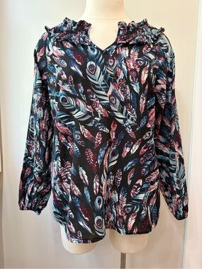 Talbots Women’s Black Feather Print Ruffle Smocked V-Neck Blouse Long Sleeve M